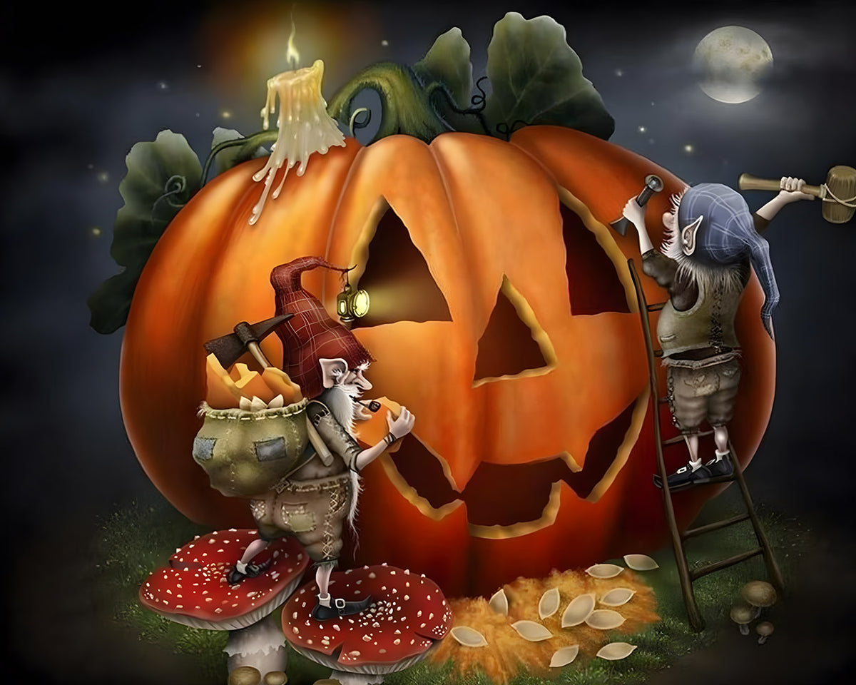 Gnomes carving a giant pumpkin cross stitch kit for beginners