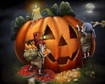 Gnomes carving a giant pumpkin cross stitch kit for beginners