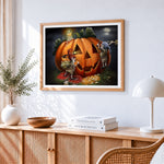 Gnomes carving a giant pumpkin cross stitch artwork displayed on wall as home decor