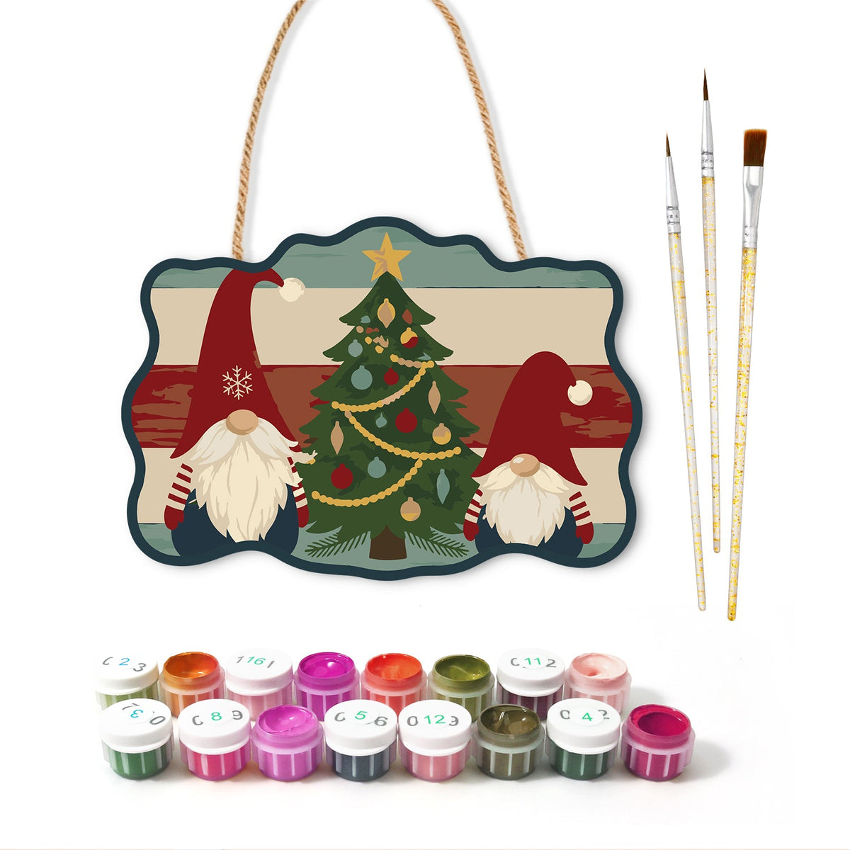Gnomes with christmas tree paint by numbers door hanger with paints and brushes