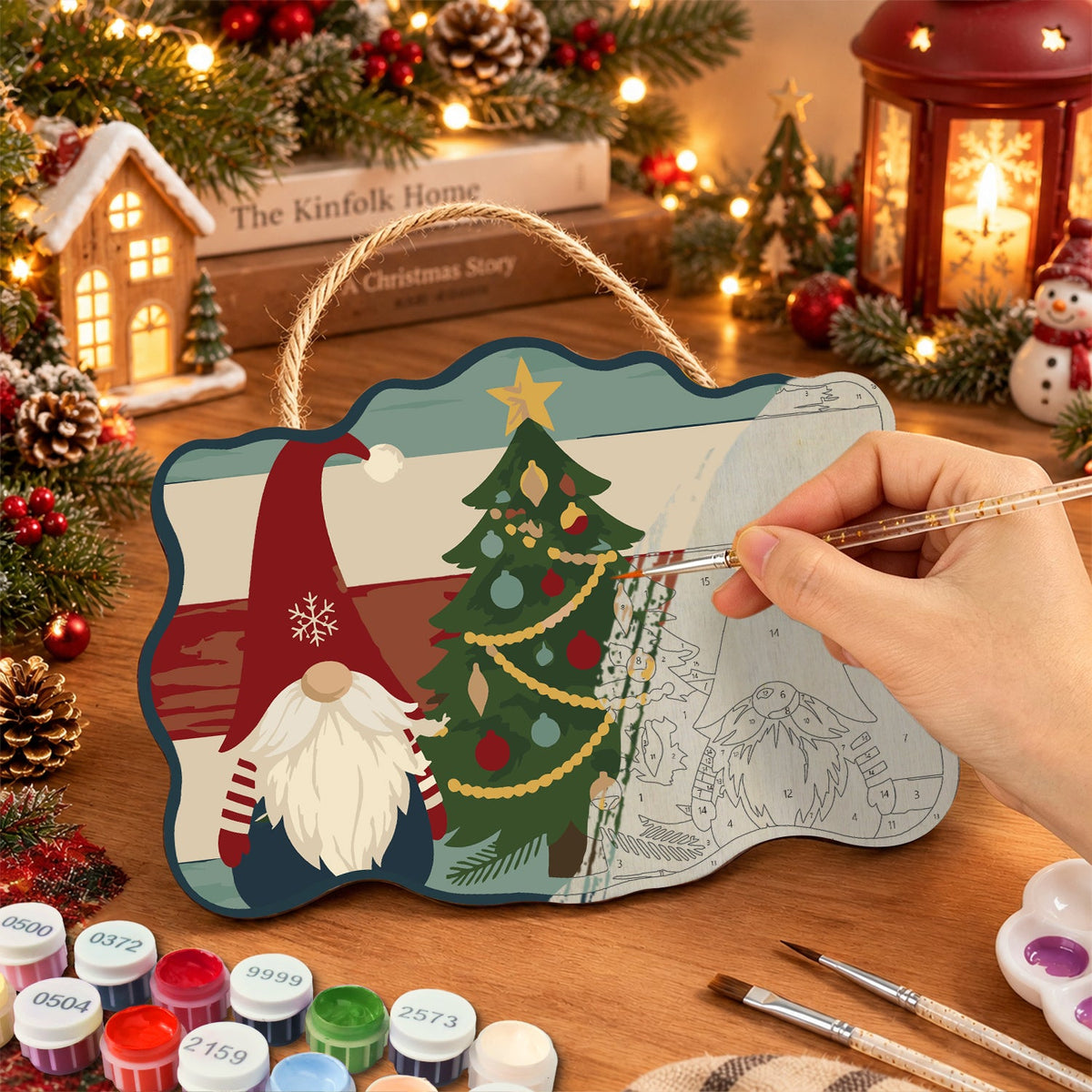 Gnomes with christmas tree paint by numbers door hanger painting process