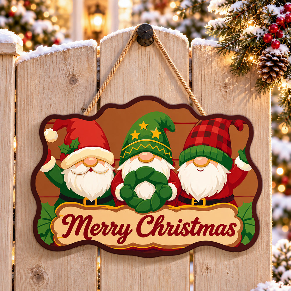 Gnomes with wreath paint by numbers door hanger on a garden gate