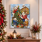 Finished goat family decorating christmas tree pearl diamond painting artwork displayed as holiday home decor