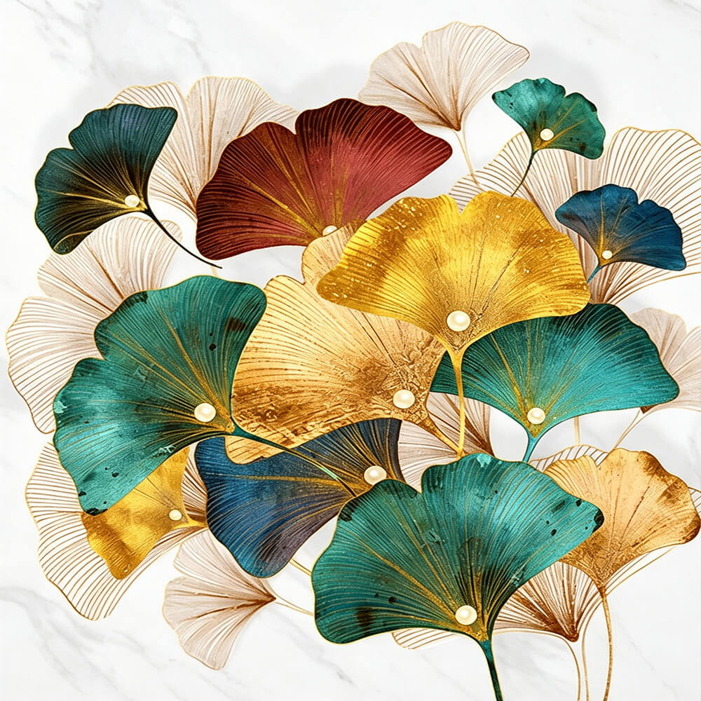 Gold and green ginkgo leaves cross stitch kit for beginners