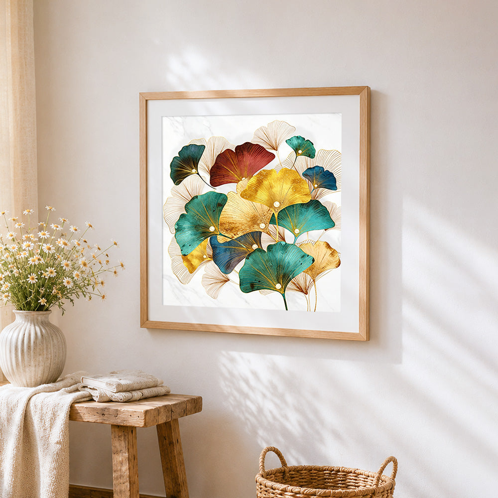 Gold and green ginkgo leaves cross stitch artwork displayed on wall as home decor