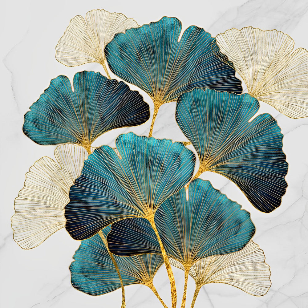 Gold and teal ginkgo leaves on marble cross stitch kit for beginners