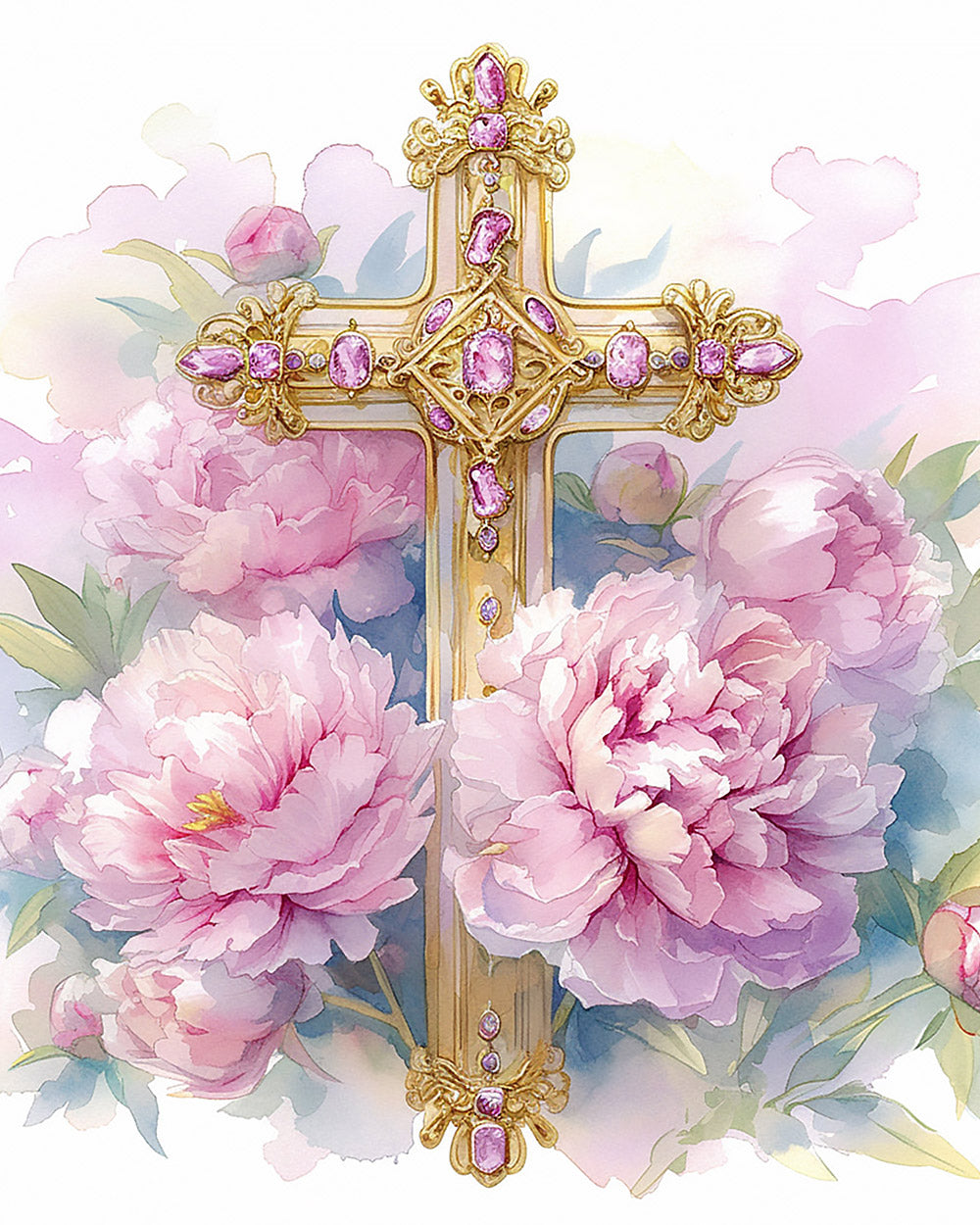 Gold cross with pink peonies cross stitch kit for beginners