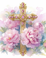 Gold cross with pink peonies cross stitch kit for beginners