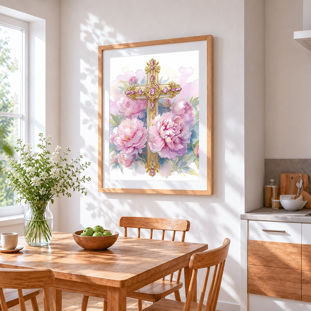 Gold cross with pink peonies cross stitch artwork displayed on wall as home decor