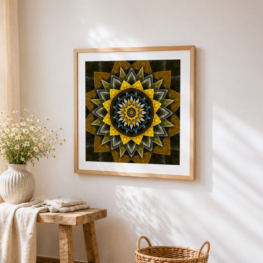Gold geometric mandala cross stitch artwork displayed on wall as home decor