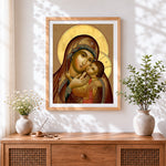 Finished gold icon virgin mary and child paint by numbers artwork displayed as home decor