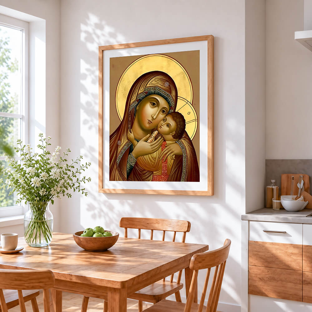 Gold icon virgin mary and child paint by numbers artwork displayed on wall as home decor