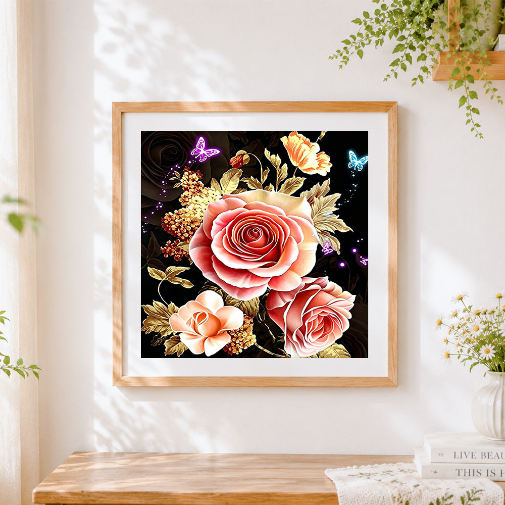 Finished gold leaf roses and butterflies cross stitch artwork displayed