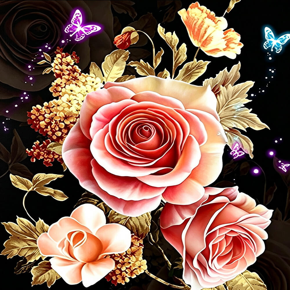 Gold leaf roses and butterflies cross stitch kit for beginners