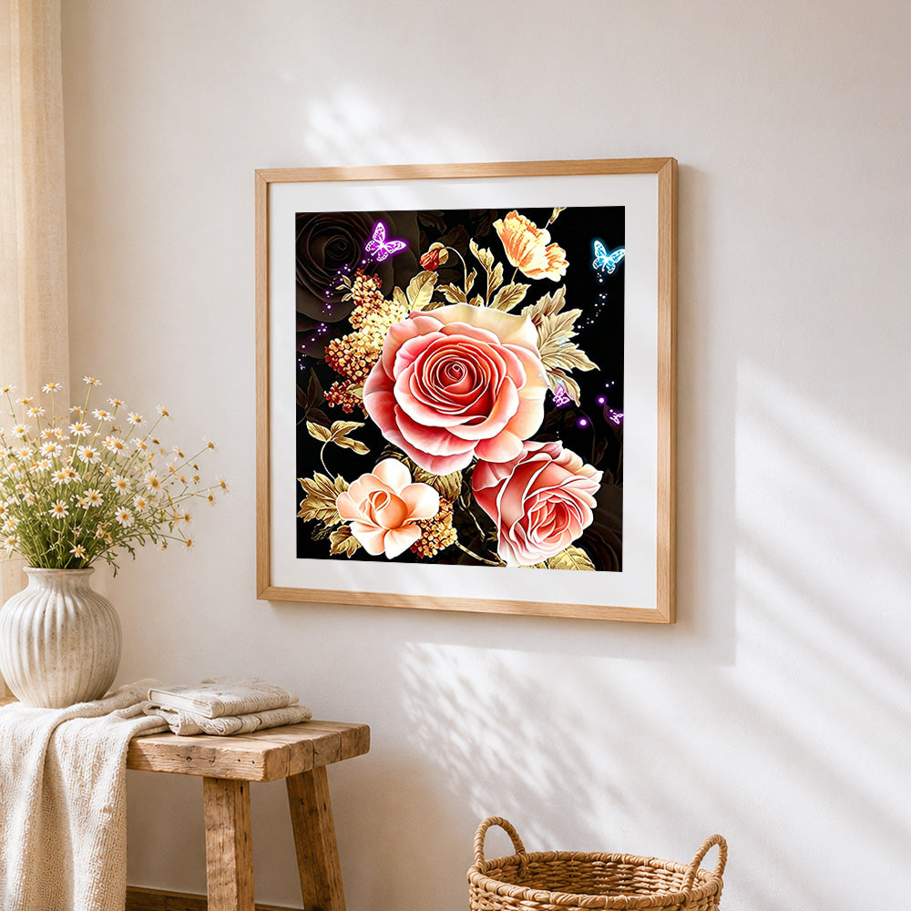 Gold leaf roses and butterflies cross stitch artwork displayed on wall as home decor