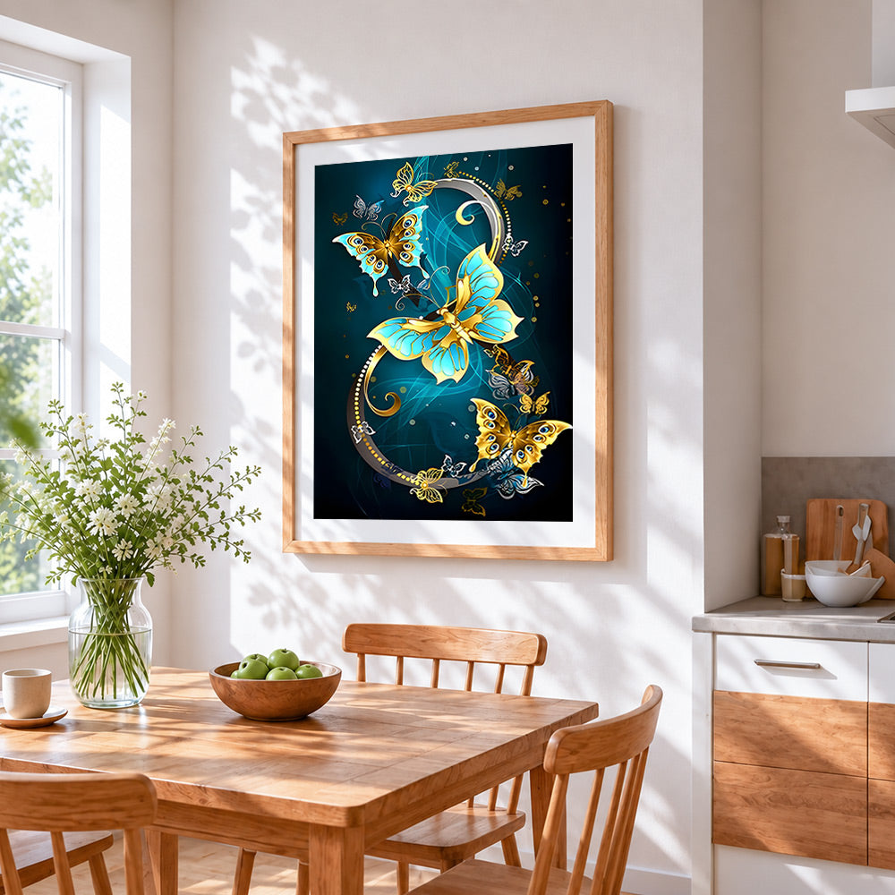 Golden and blue metallic butterflies cross stitch artwork displayed on wall as home decor
