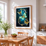 Golden and blue metallic butterflies cross stitch artwork displayed on wall as home decor