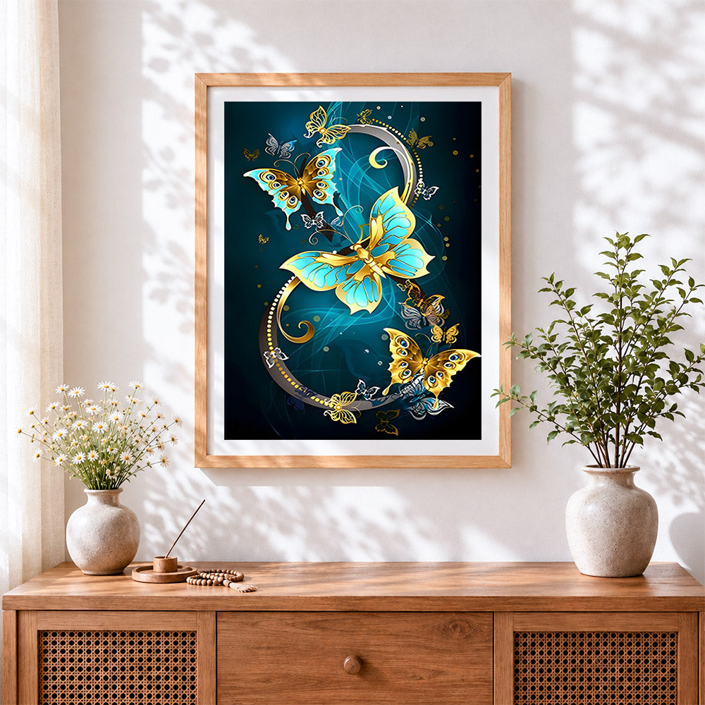 Finished golden and blue metallic butterflies paint by numbers artwork displayed as home decor