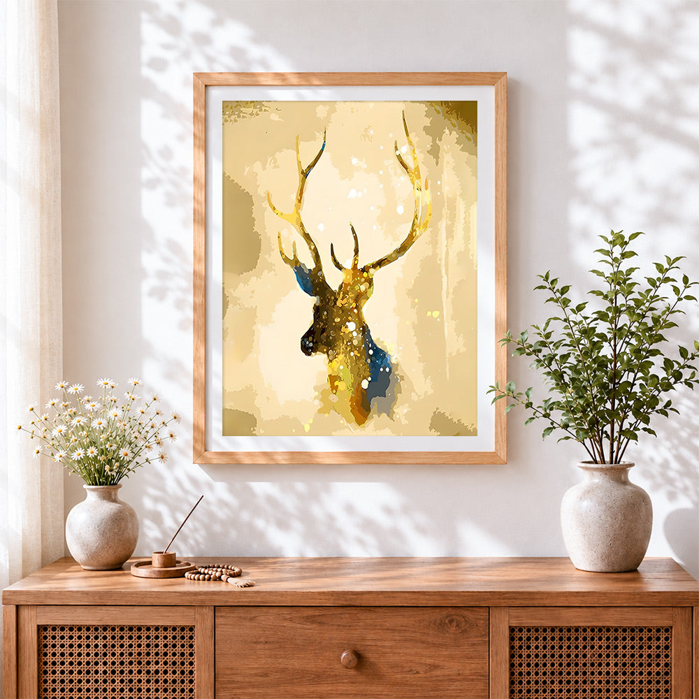 Finished golden and blue watercolour stag paint by numbers artwork displayed as home decor