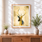 Finished golden and blue watercolour stag paint by numbers artwork displayed as home decor