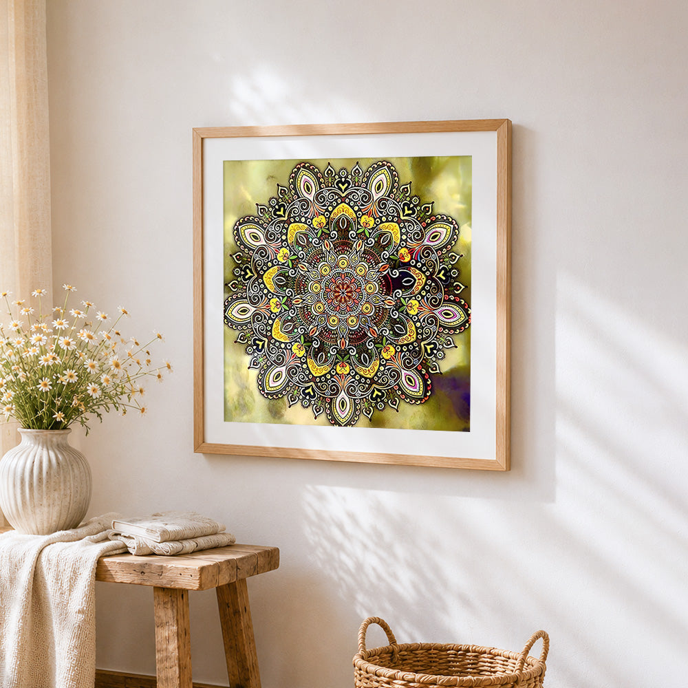 Golden and brown intricate mandala cross stitch artwork displayed on wall as home decor
