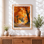 Finished golden autumn forest path cross stitch artwork displayed