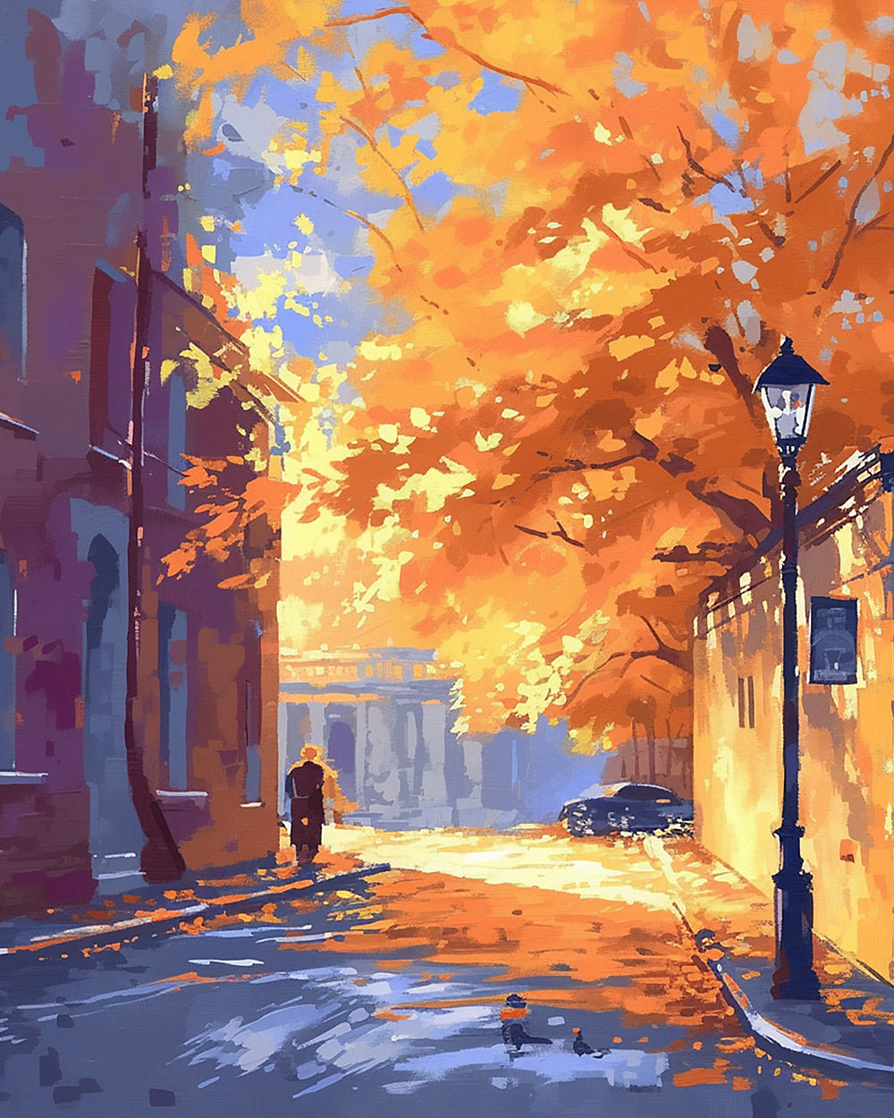Golden autumn street scene cross stitch kit for beginners