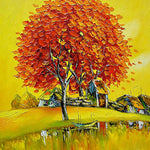 Golden autumn tree and lakeside village cross stitch kit for beginners