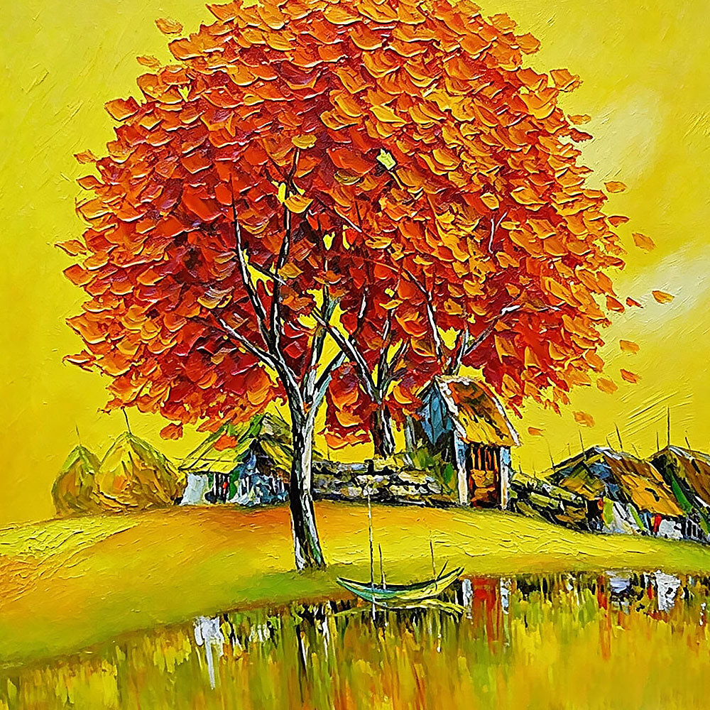 Golden autumn tree and lakeside village cross stitch kit for beginners