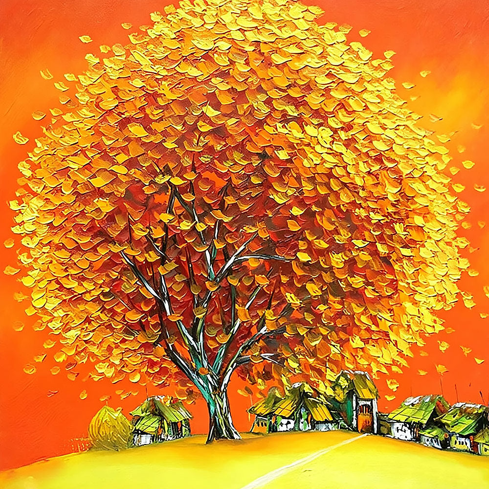 Golden autumn tree and village cross stitch kit for beginners