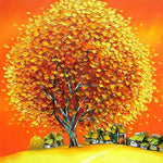 Golden autumn tree and village cross stitch kit for beginners