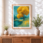 Finished golden autumn tree by the water cross stitch artwork displayed