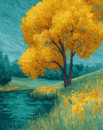 Golden autumn tree by the water cross stitch kit for beginners