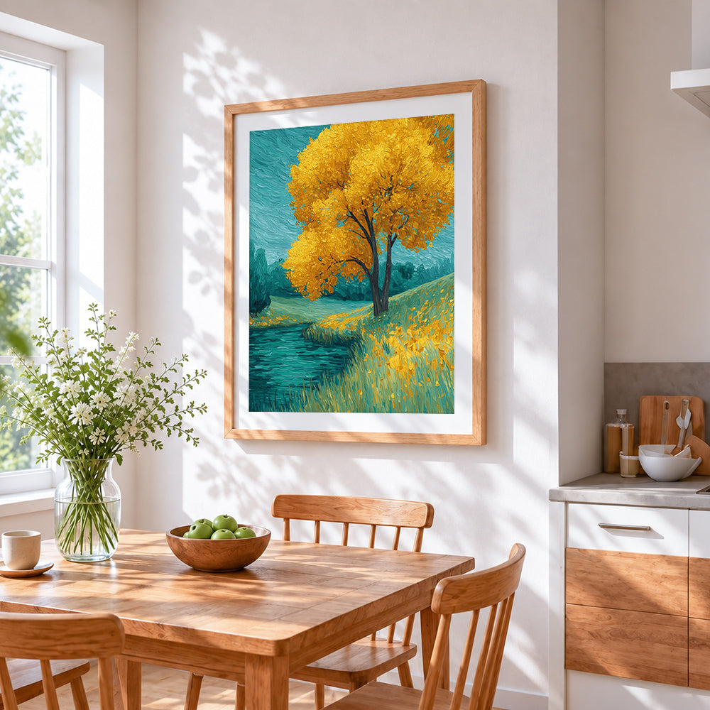 Golden autumn tree by the water cross stitch artwork displayed on wall as home decor
