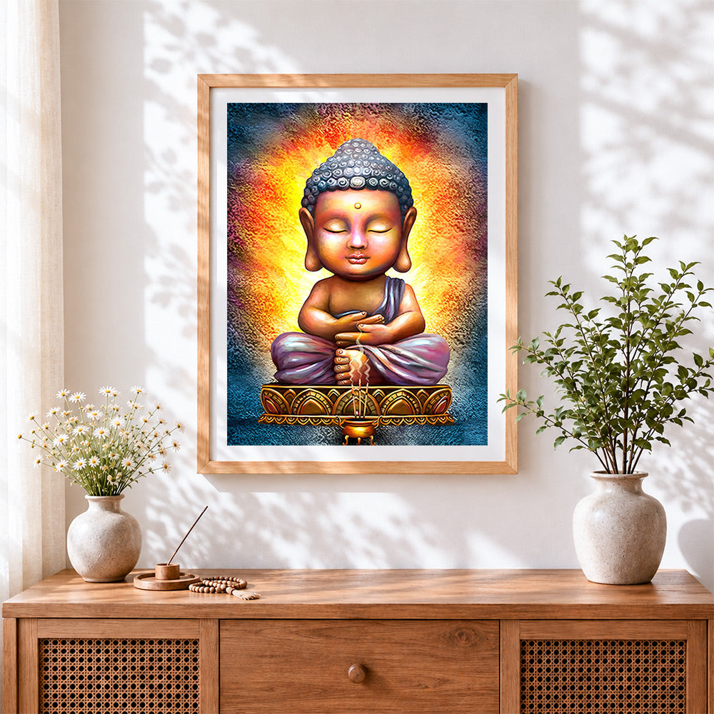 Finished golden baby buddha with halo cross stitch artwork displayed