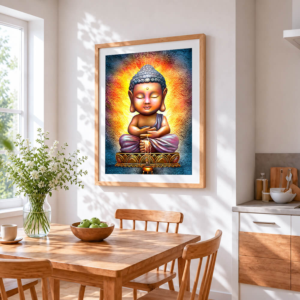 Golden baby buddha with halo cross stitch artwork displayed on wall as home decor