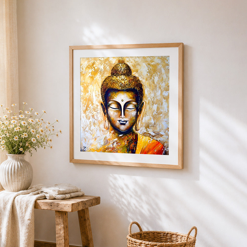 Golden buddha cross stitch artwork displayed on wall as home decor