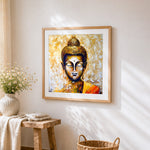 Golden buddha cross stitch artwork displayed on wall as home decor