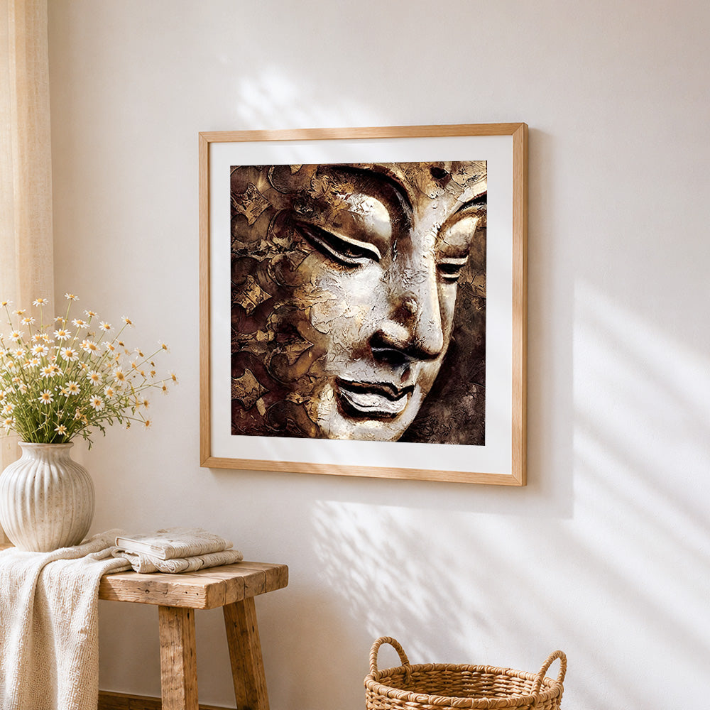 Golden buddha face close up cross stitch artwork displayed on wall as home decor