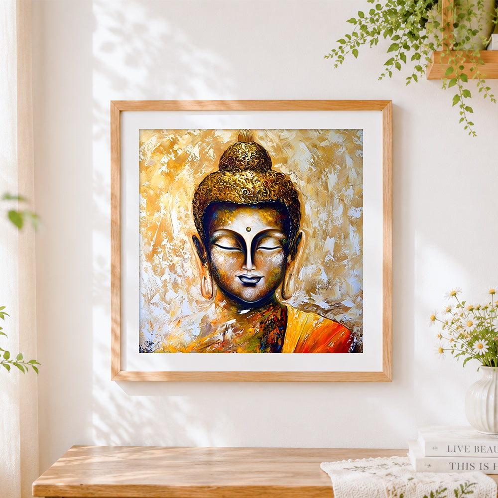 Finished golden buddha paint by numbers artwork displayed as home decor
