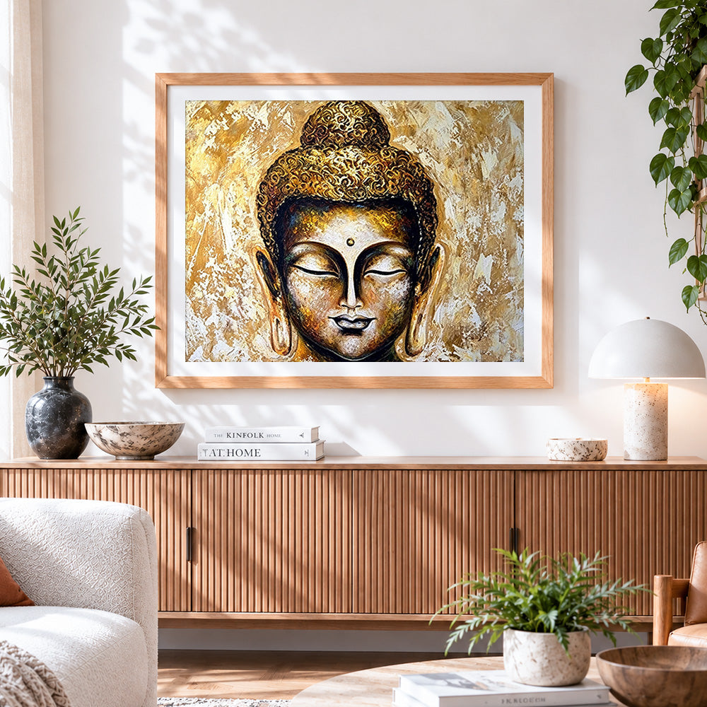 Finished golden buddha portrait cross stitch artwork displayed