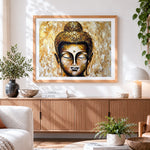 Finished golden buddha portrait cross stitch artwork displayed