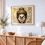 Golden buddha portrait cross stitch artwork displayed on wall as home decor