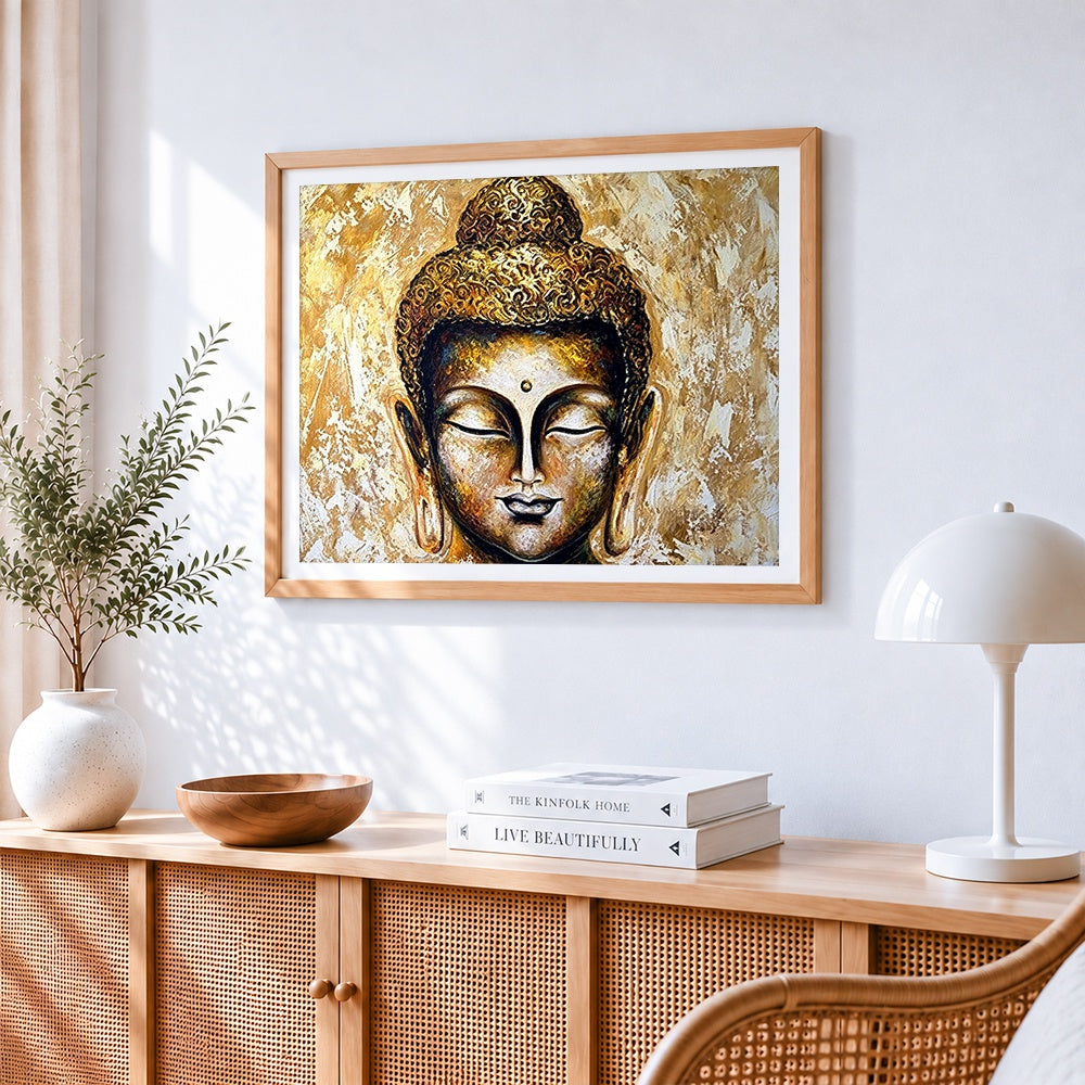 Golden buddha portrait paint by numbers artwork displayed on wall as home decor