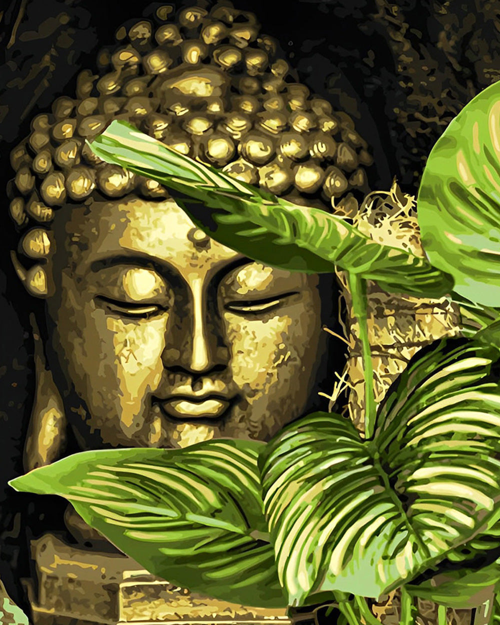 Golden buddha with botanical leaves cross stitch kit for beginners