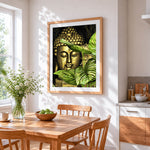 Golden buddha with botanical leaves cross stitch artwork displayed on wall as home decor