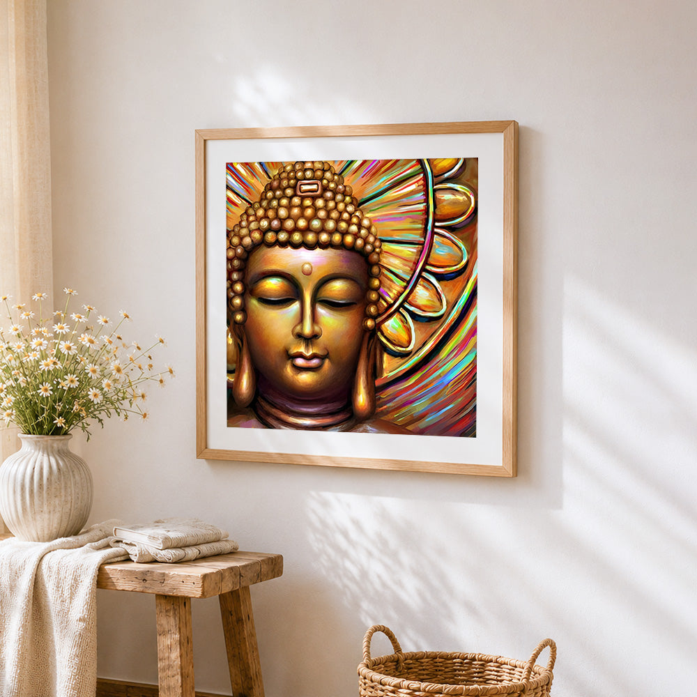 Golden buddha with colourful halo cross stitch artwork displayed on wall as home decor