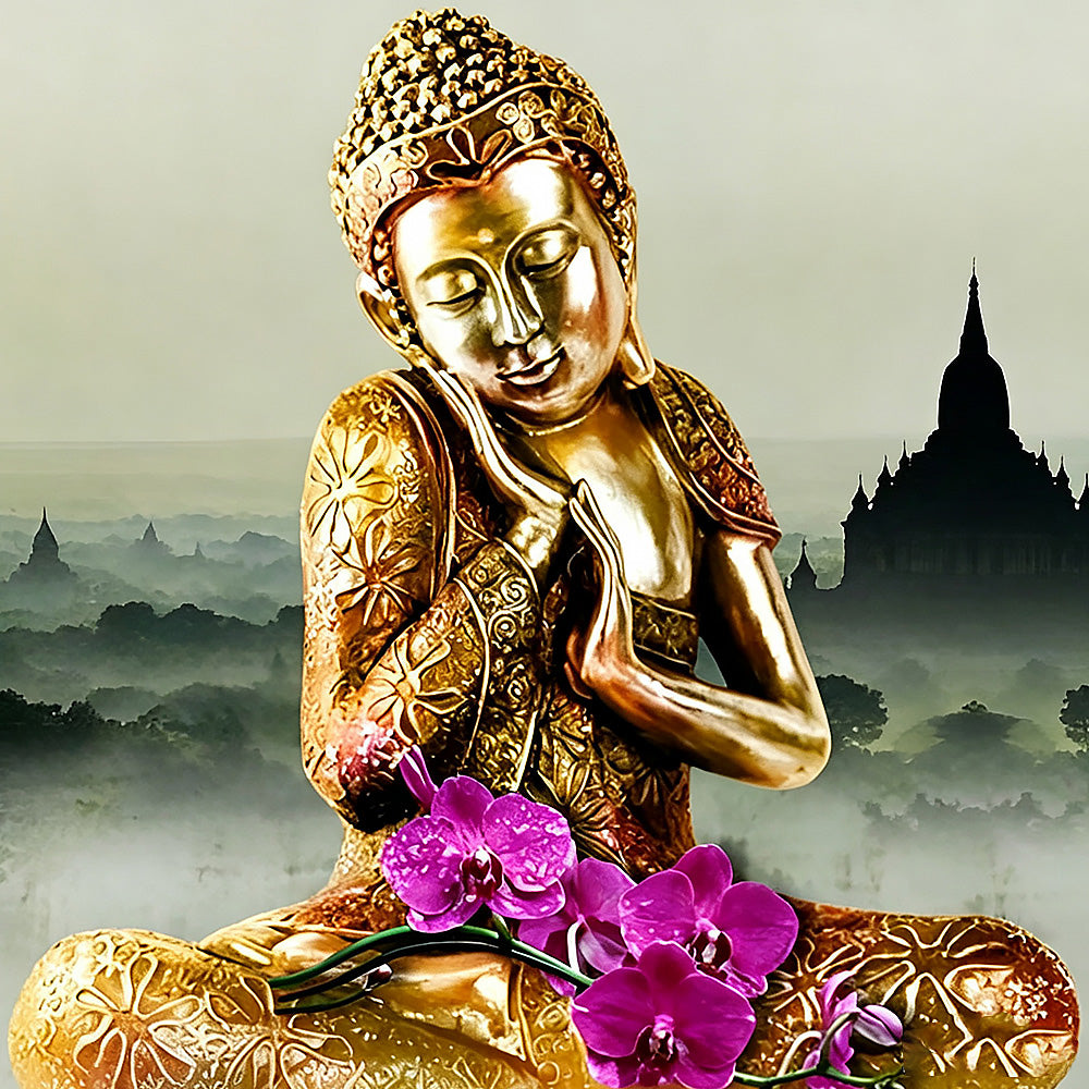 Golden buddha with purple orchids cross stitch kit for beginners