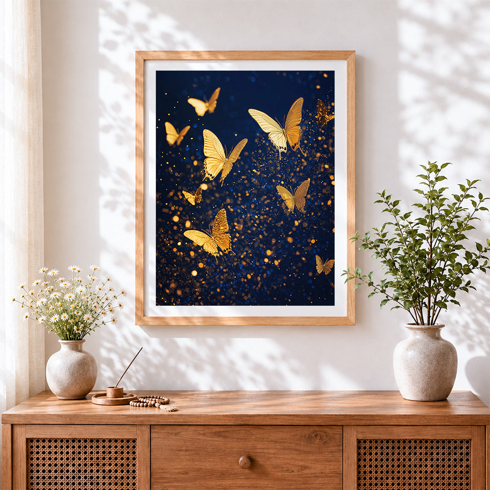 Finished golden butterflies in night sky cross stitch artwork displayed