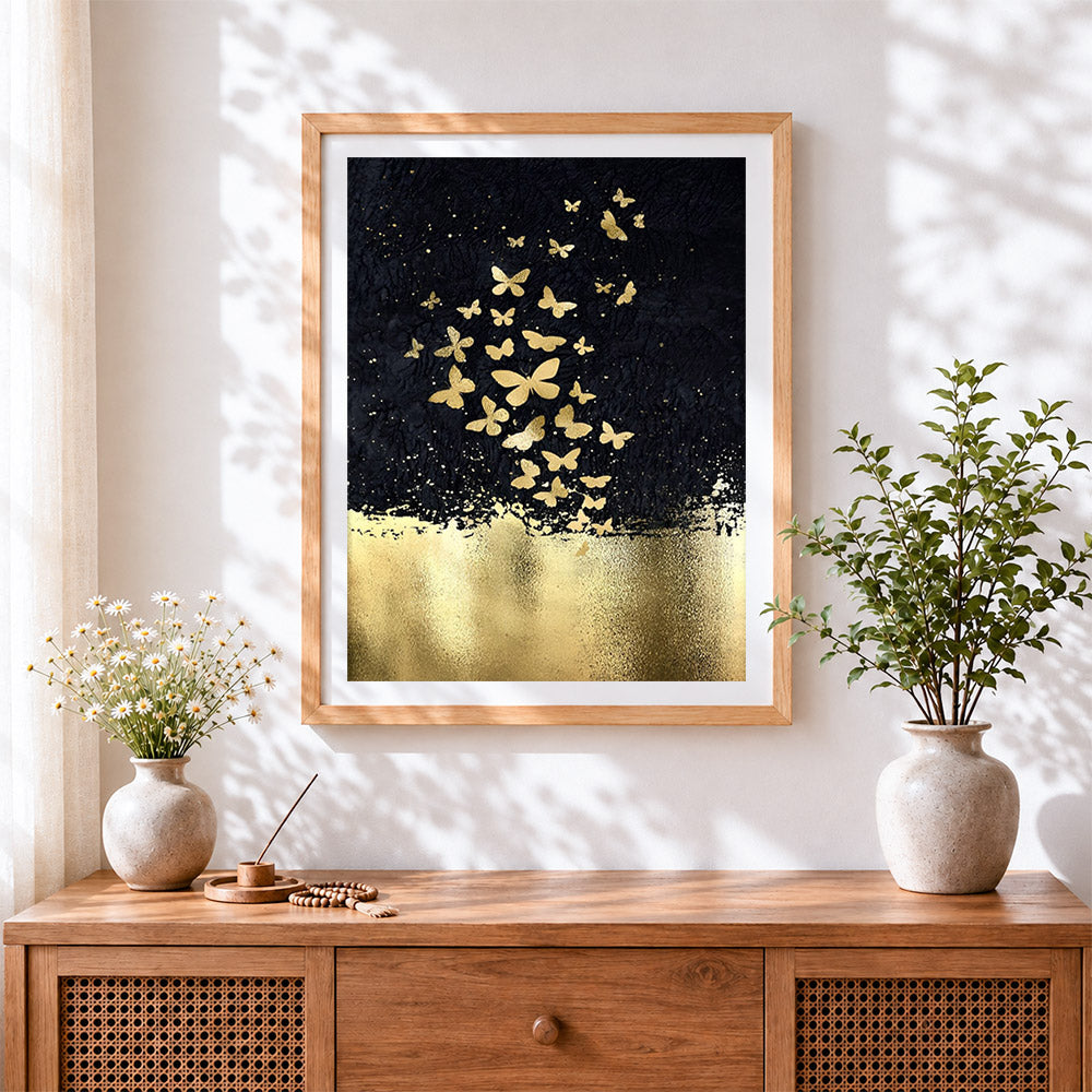 Finished golden butterflies on black background cross stitch artwork displayed